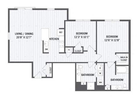 Floor plan for 2 beds, 2 baths, 1135 sqft